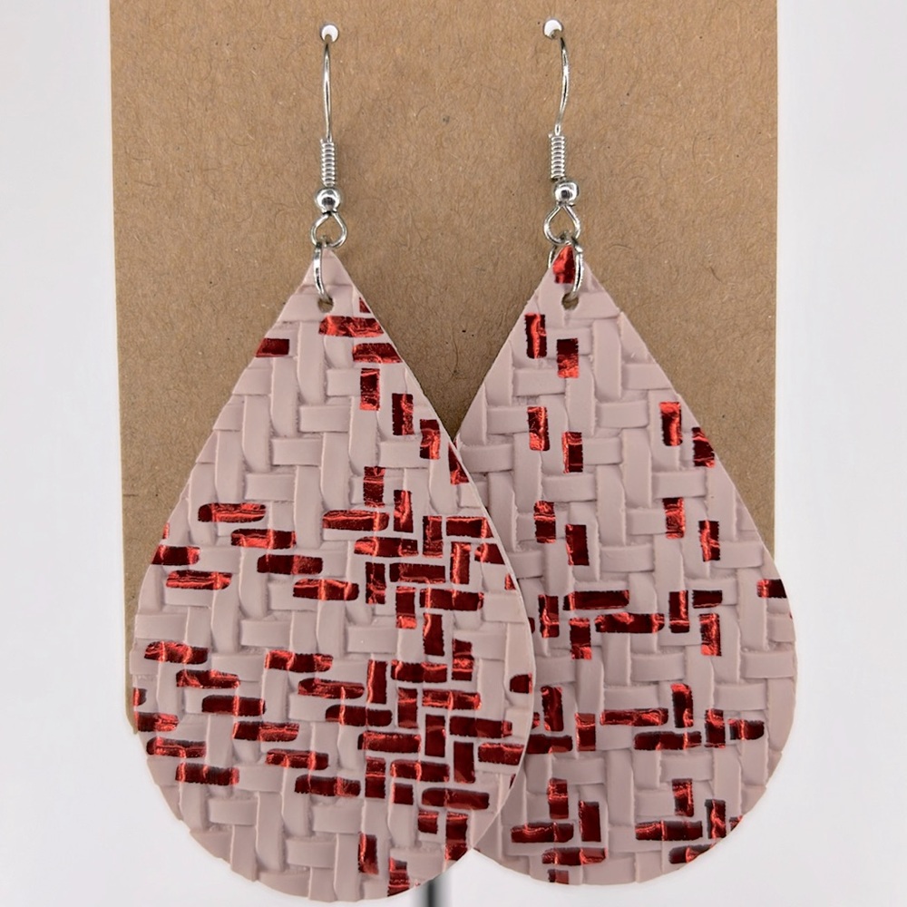 Faux Leather Dangle Earrings Red/Peach Fashion Jewelry - Picture 4 of 5
